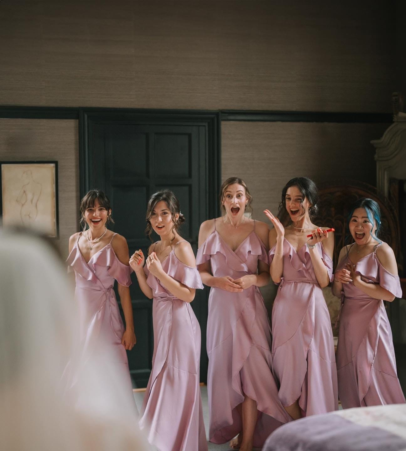 Bridesmaids first look reveal photograph at Falcon Manor Wedding