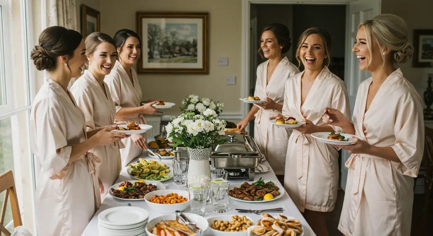 bridesmaids eating buffet lunch whilst wearing light couloured dressing robes. All looking happy and smiley